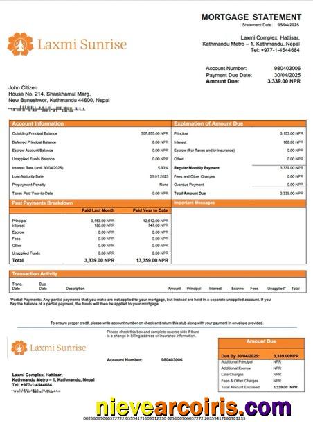 Nepal Laxmi Sunrise Bank mortgage statement Word and PDF template